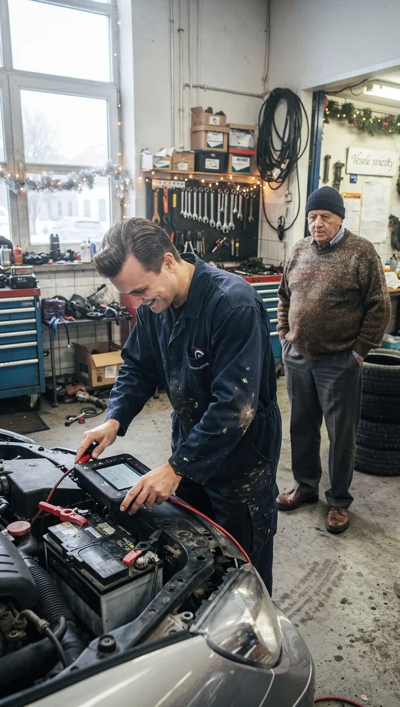 Pracovná plocha autoservisu so zariadeniami na testovanie batérií a alternátorov.